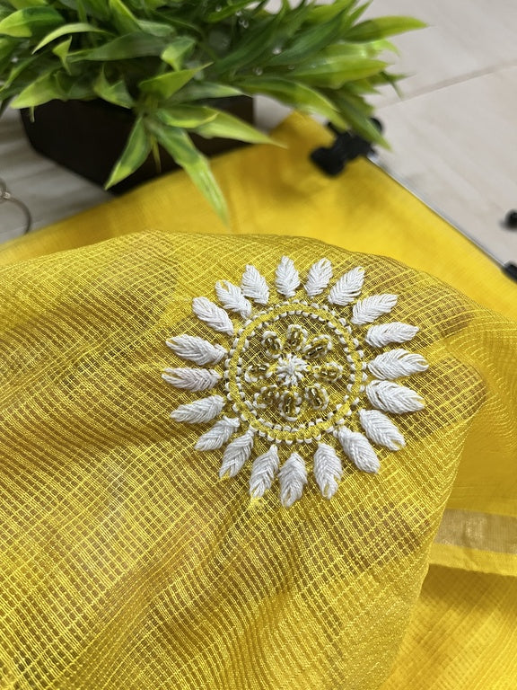 Lucknowi Chikankari Yellow Kota Silk Dupatta