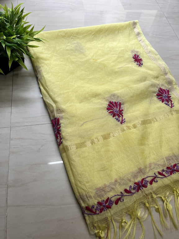 Lucknowi Chikankari Yellow Chanderi Silk Dupatta