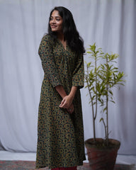 Shreya Ajrakh Cotton Green Aline Kurta