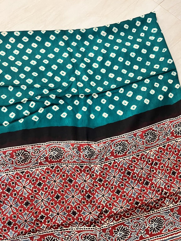 bandhani ajrakh green and red modal silk dupatta