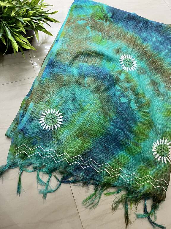lucknowi chikankari green and blue tie dye kota silk dupatta