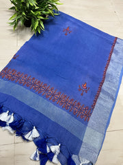 Kashmir Sozni Embroidery Blue Cotton Linen Dupatta