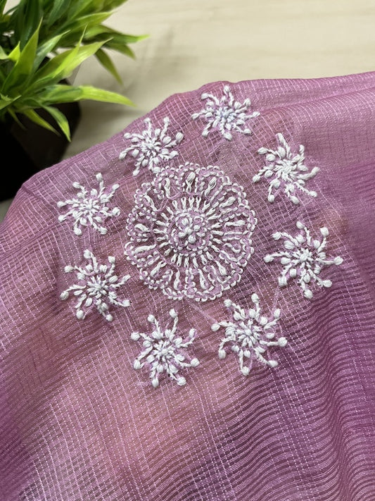lucknowi chikankari purple and cream kota silk dupatta