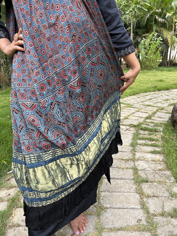ajrakh blue and red modal silk lagdi patta dupatta