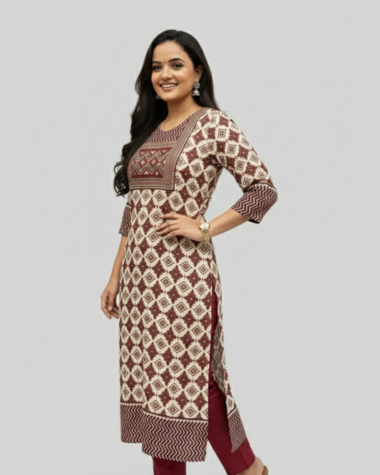 cream ajrakh cotton straight kurta    
