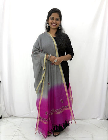 Lucknowi Chikankari Purple Grey Kota Silk Dupatta