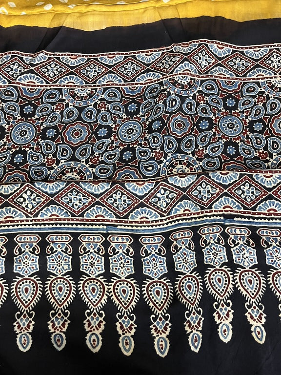 bandhani ajrakh yellow and black modal silk dupatta
