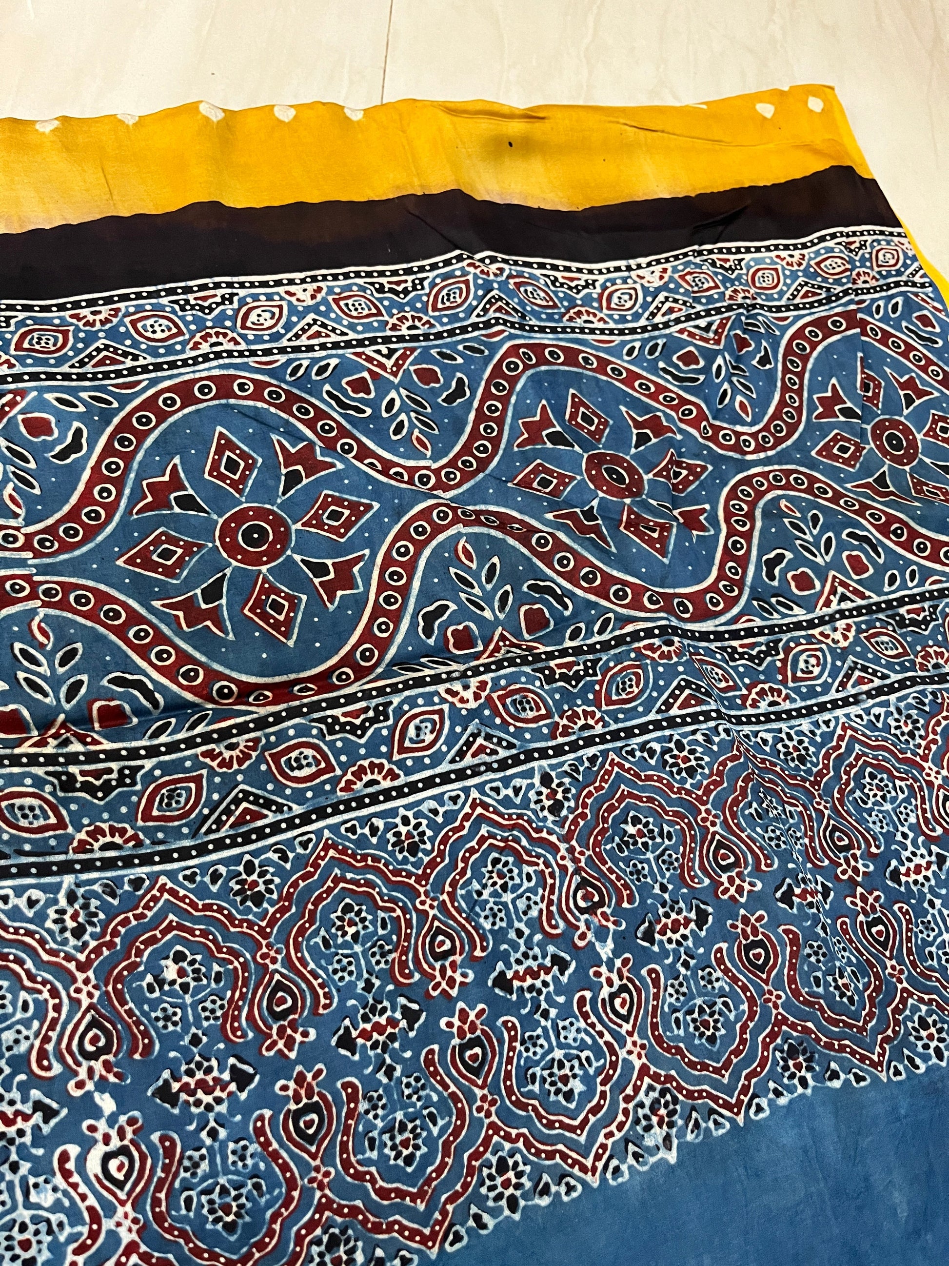 bandhani ajrakh yellow and blue modal silk dupatta