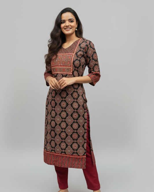 black ajrakh cotton straight kurta    