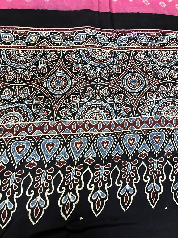 bandhani ajrakh pink and black modal silk dupatta