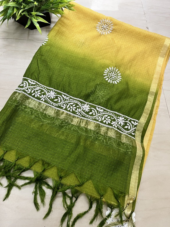 Lucknowi Chikankari Ombre Yellow and Green Kota Silk Dupatta