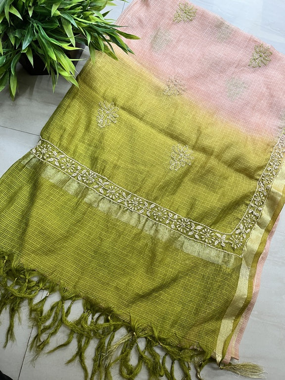 Lucknowi Chikankari Ombre Peach and Green Kota Silk Dupatta