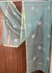 Lucknowi Chikankari Blue Kota Silk Dupatta