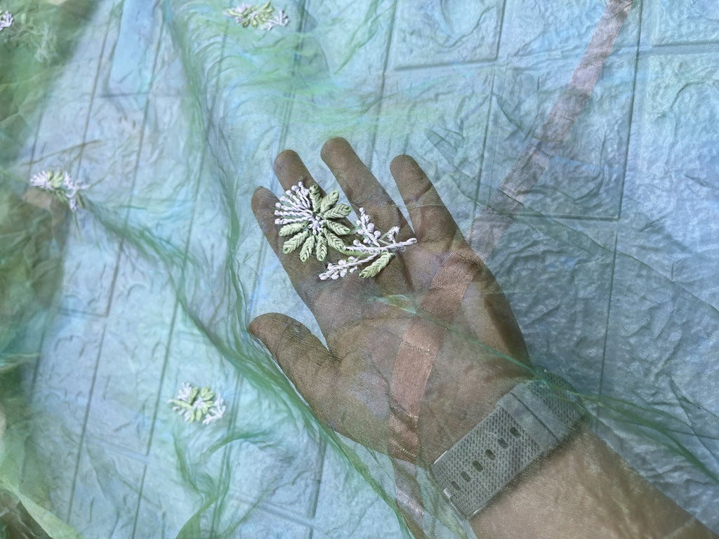 Lucknowi chikankari green organza silk dupatta    