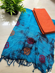 Lucknowi Chikankari Blue Tussar Silk Rose Motif Dupatta