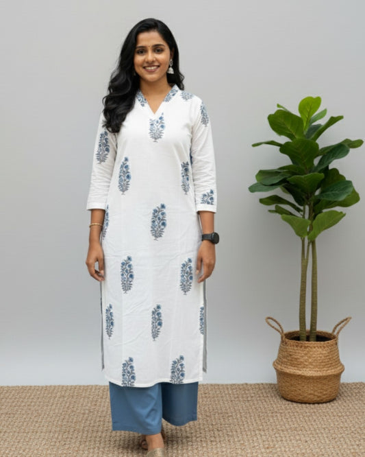 handblock blue butta cotton straight kurta   