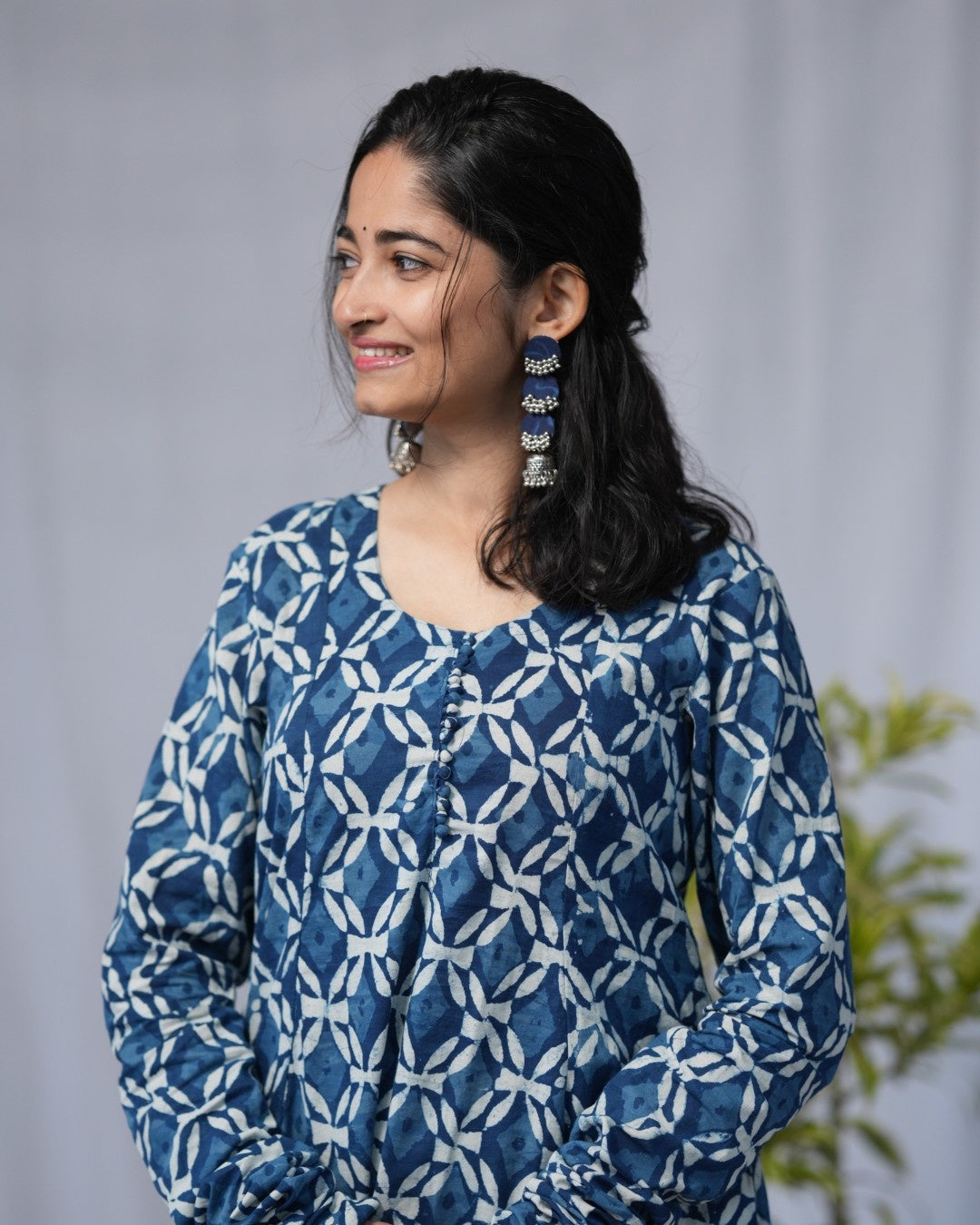 indigo cotton chudi sleeves kali kurta   