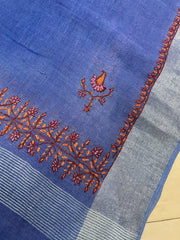 Kashmir Sozni Embroidery Blue Cotton Linen Dupatta