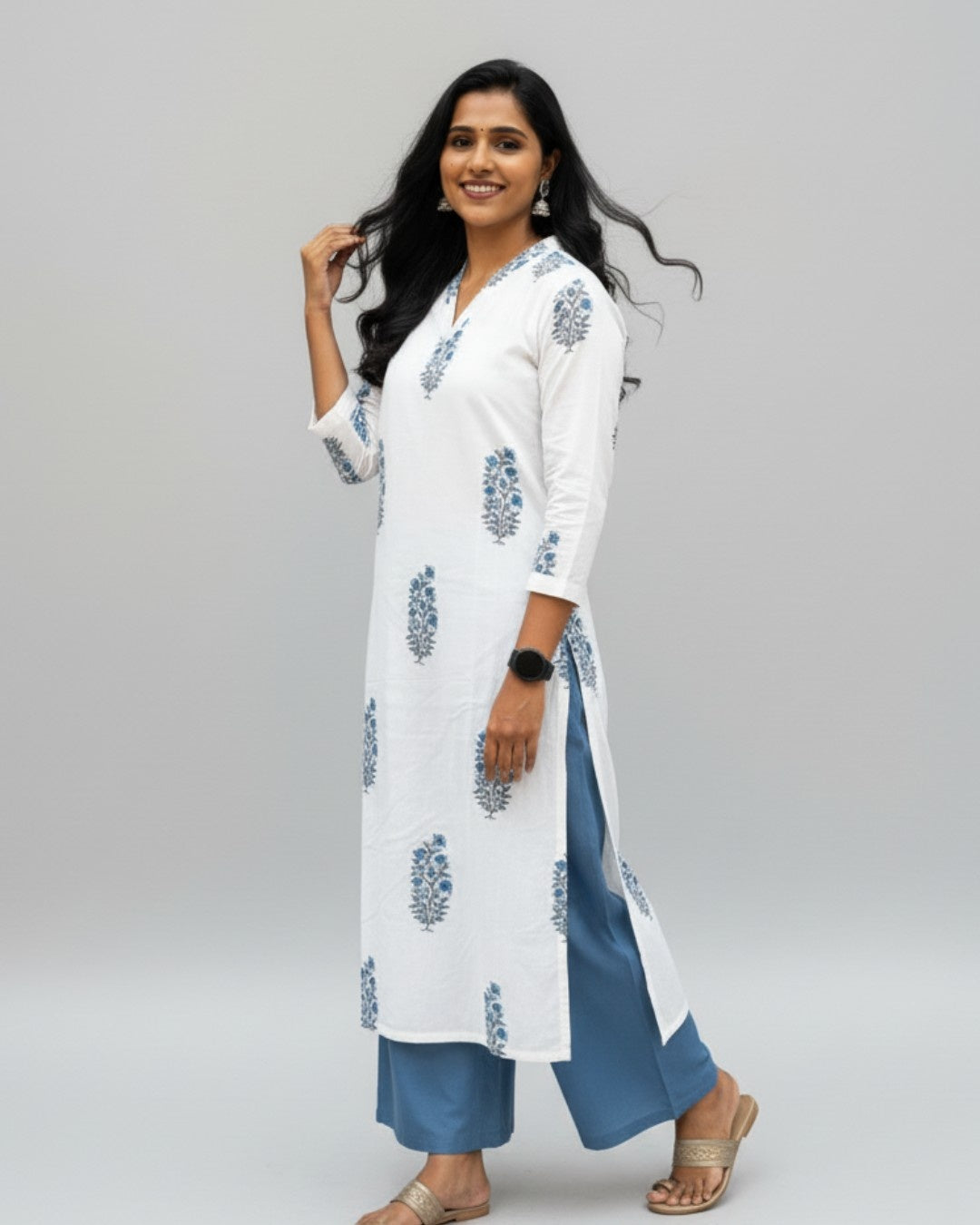 handblock blue butta cotton straight kurta   