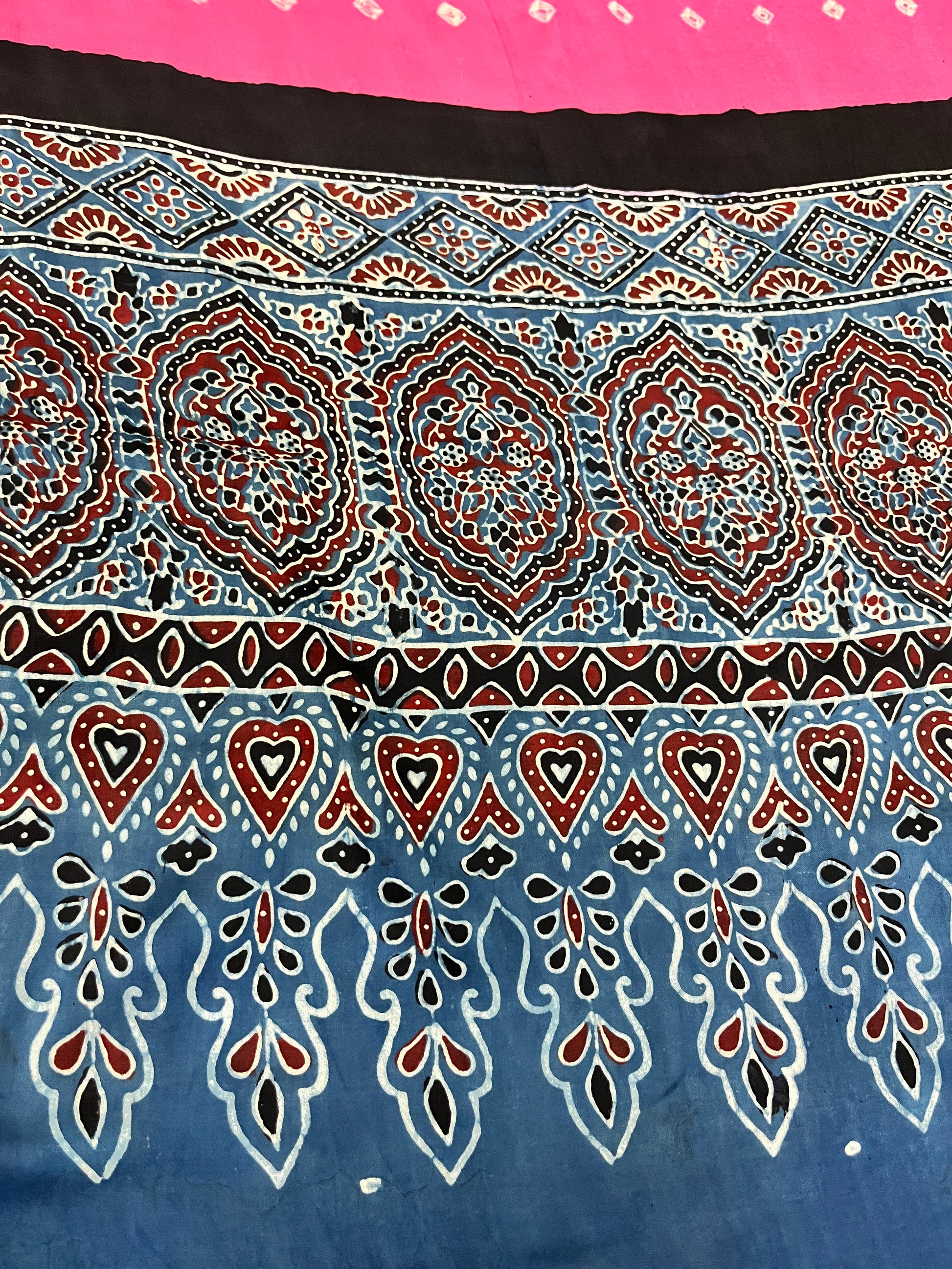 bandhani ajrakh pink and blue modal silk dupatta