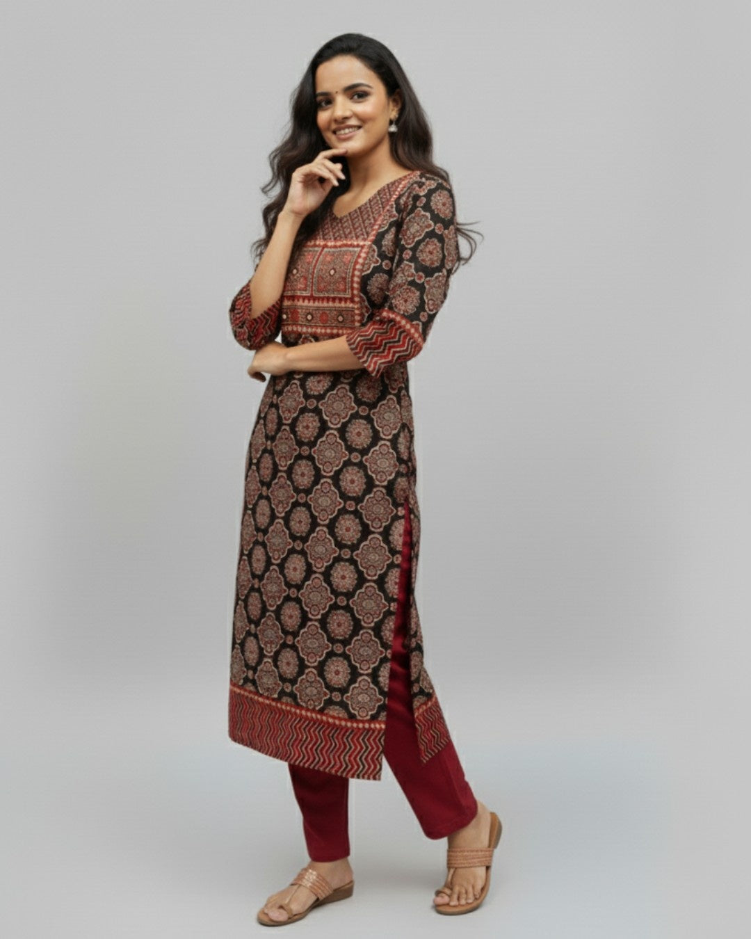 black ajrakh cotton straight kurta    