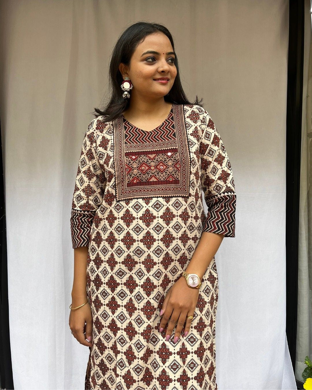 cream ajrakh cotton straight kurta    