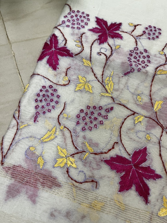 kashmir sozni embroidery white and pink chanderi silk dupatta