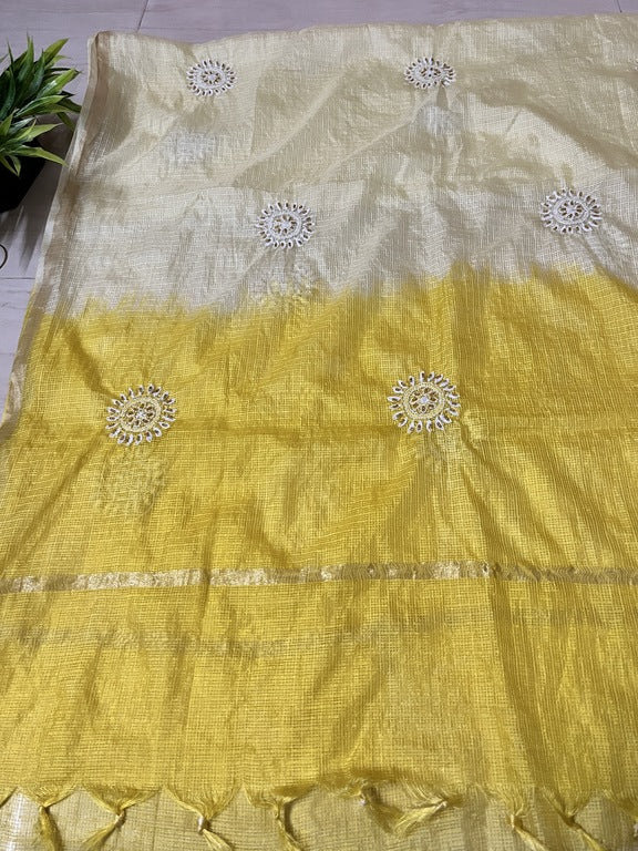 Lucknowi Chikankari Cream and Yellow Kota Silk Flower Motif Dupatta