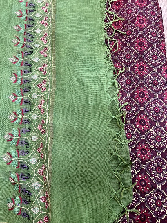 kashmir sozni embroidery green kota silk dupatta