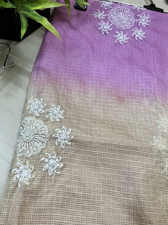 lucknowi chikankari purple and cream kota silk dupatta