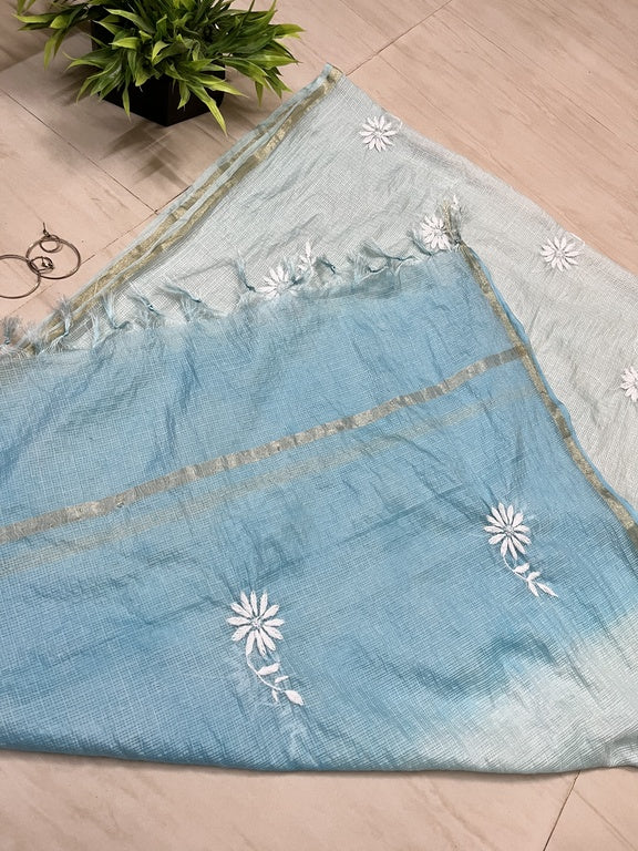 lucknowi chikankari ombre blue kota dupatta