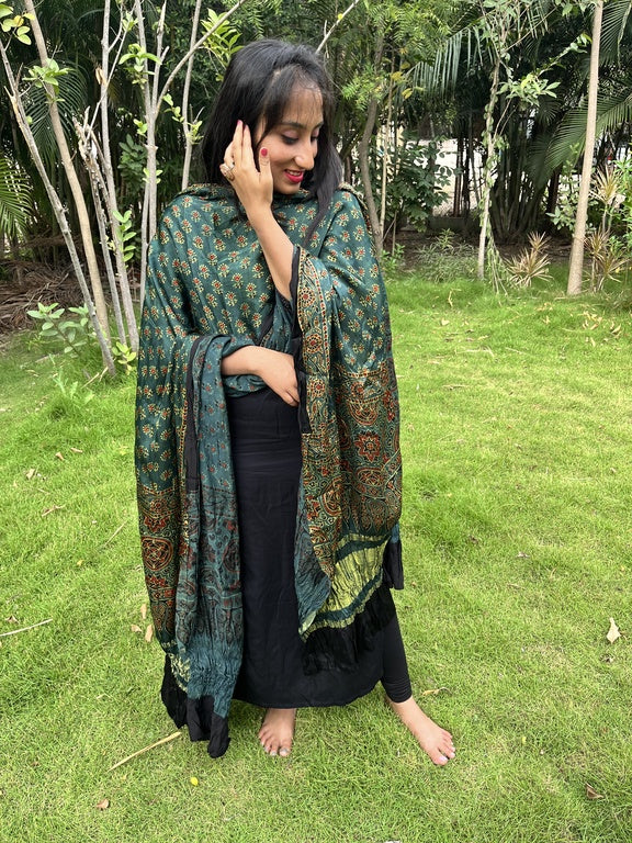 Ajrakh Green Modal Silk Lagdi Patta Dupatta