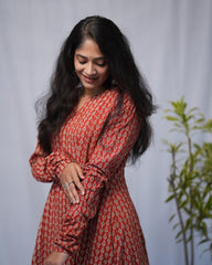 Trisha Bagru Cotton Red Chudi Sleeves Kali Kurta