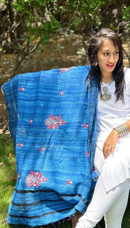 lucknowi chikankari blue tussar silk dupatta