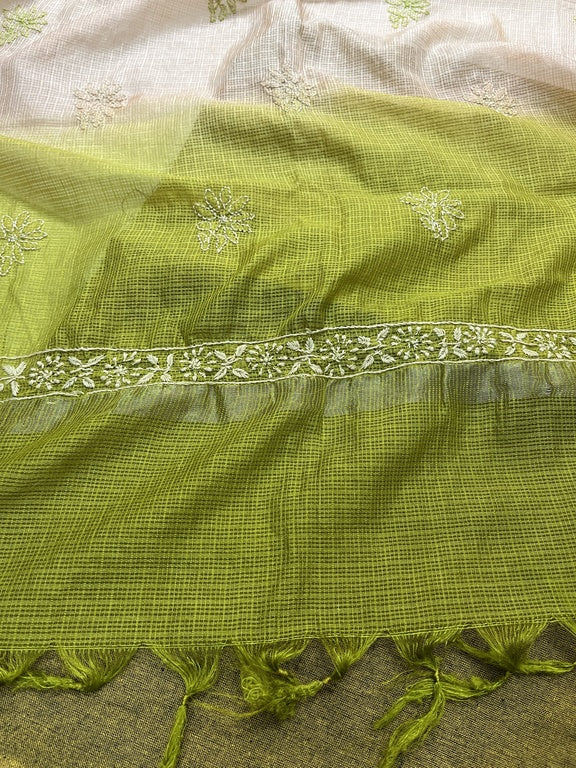 lucknowi chikankari ombre peach and green kota silk dupatta