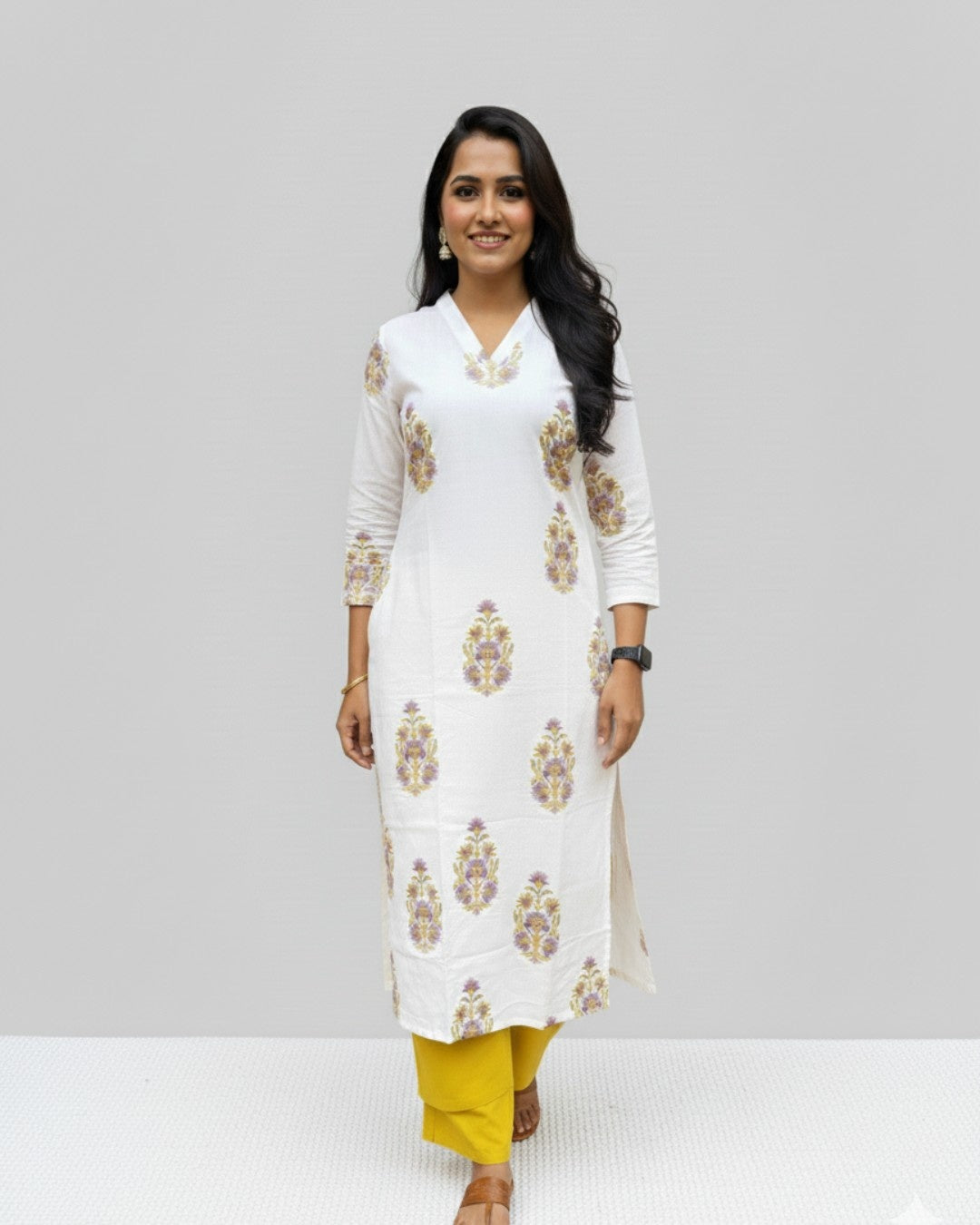 handblock yellow butta cotton straight kurta   