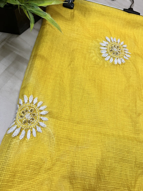 Lucknowi Chikankari Yellow Kota Silk Dupatta