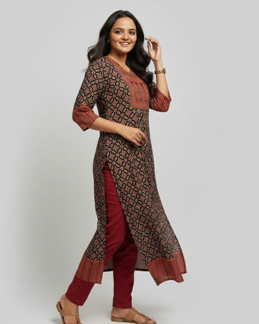 black ajrakh cotton straight kurta    