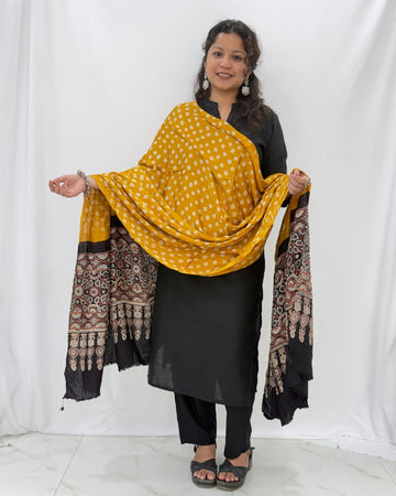 Bandhani Ajrakh Yellow and Black Modal Silk Dupatta