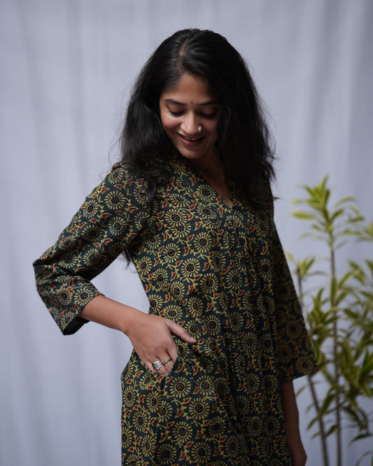 ajrakh cotton green aline kurta    