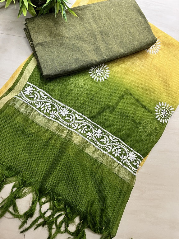 Lucknowi Chikankari Ombre Yellow and Green Kota Silk Dupatta