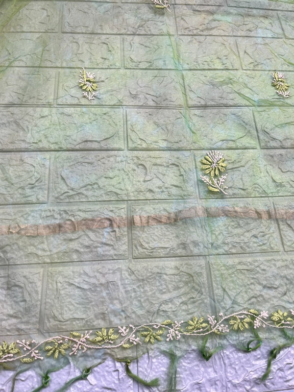 Lucknowi chikankari green organza silk dupatta    