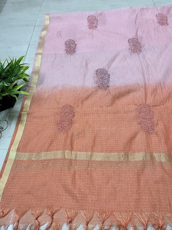 lucknowi chikankari ombre pink and orange kota silk dupatta