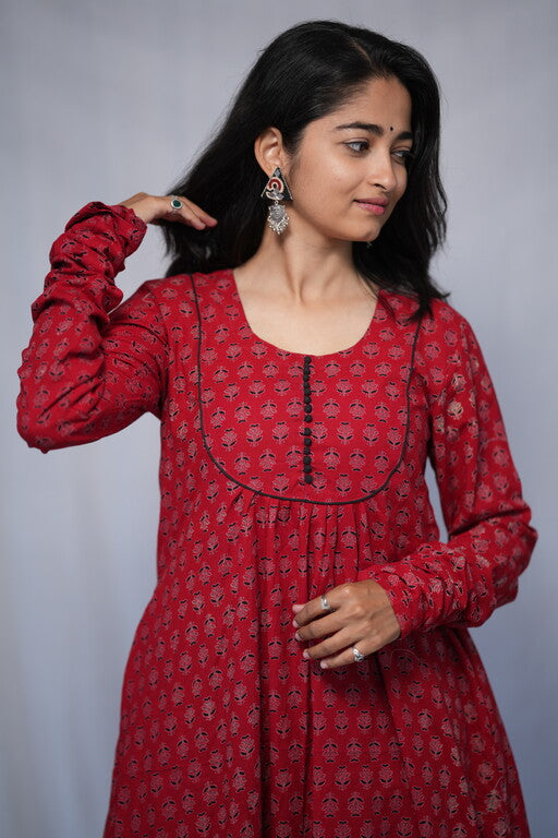 Navya Cotton Red Chudi Sleeves Aline Kurta