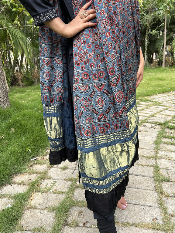 ajrakh blue and red modal silk lagdi patta dupatta