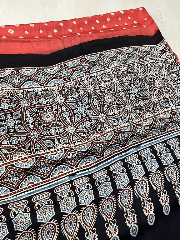 bandhani ajrakh red and black modal silk dupatta