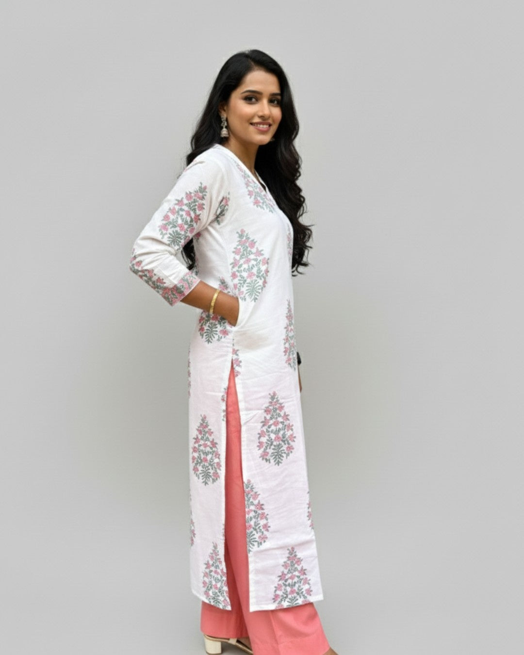 handblock pink butta cotton straight kurta   
