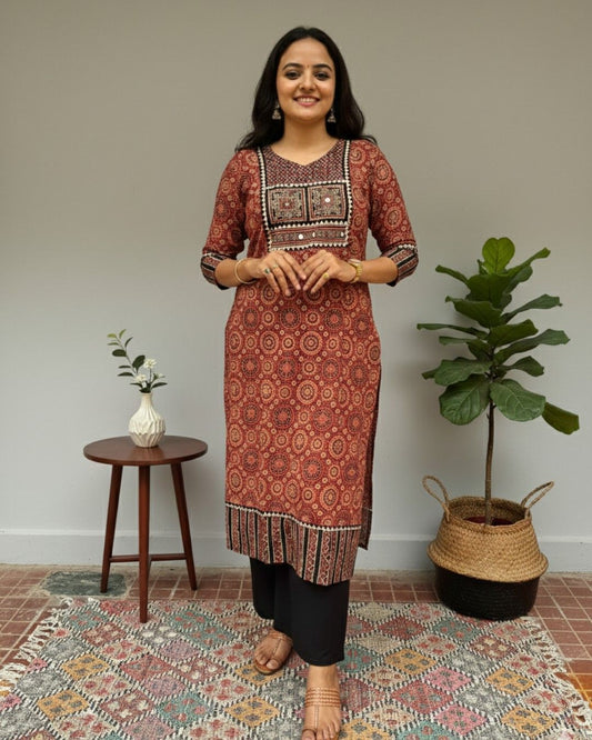 maroon ajrakh cotton straight kurta    