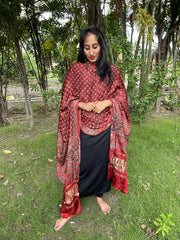 Ajrakh Red Modal Silk Lagdi Patta Dupatta
