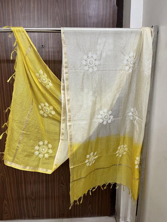 Lucknowi Chikankari Ombre Cream and Yellow Kota Silk Dupatta